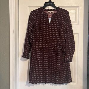 LOFT Burgundy Printed Tie-Waist Long-Sleeve Dress wine color